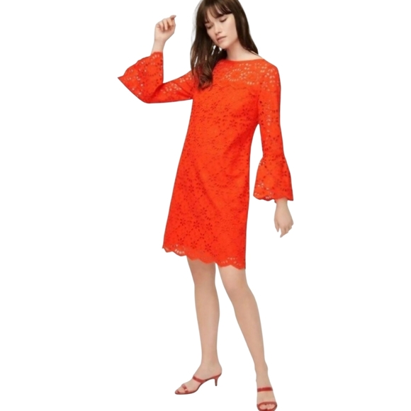 J.CREW Shift Dress Tangerine Orange Floral Embroidered Eyelet Bell Long Sleeve 4 - Picture 2 of 11